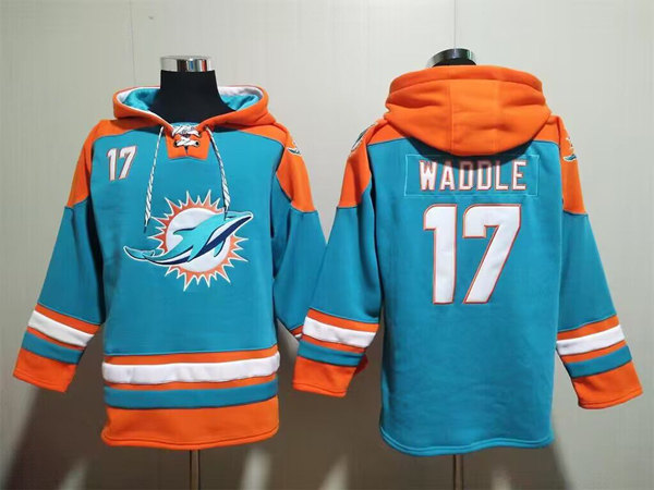 Men's Miami Dolphins #17 Jaylen Waddle Aqua Lace-Up Pullover Hoodie